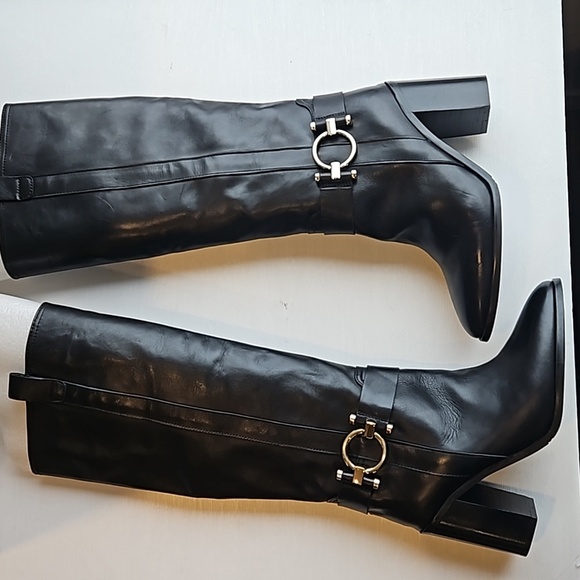 Napoleoni Black Italian Leather Knee High Block Heel Boots 38 /7.5 - Picture 2 of 10